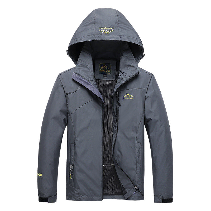 Men's breathable softshell trekking jacket with stowable hood, mesh lining and multifunctional zip pockets Mune Fashion