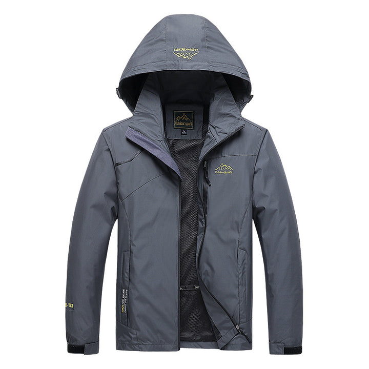 Men's breathable softshell trekking jacket with stowable hood, mesh lining and multifunctional zip pockets Mune Fashion