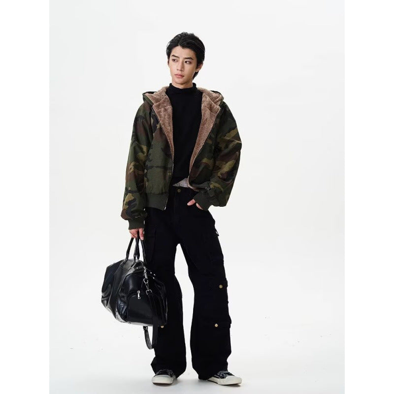 Men's Padded Hooded Bomber Jacket with Faux Fur Lining and Camouflage Pattern Mune Fashion