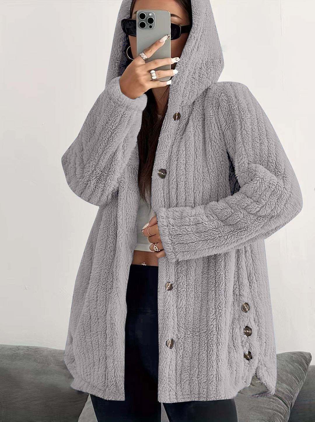 Women's Hooded Teddy Coat with Button Placket and Oversized Fit Mune Fashion