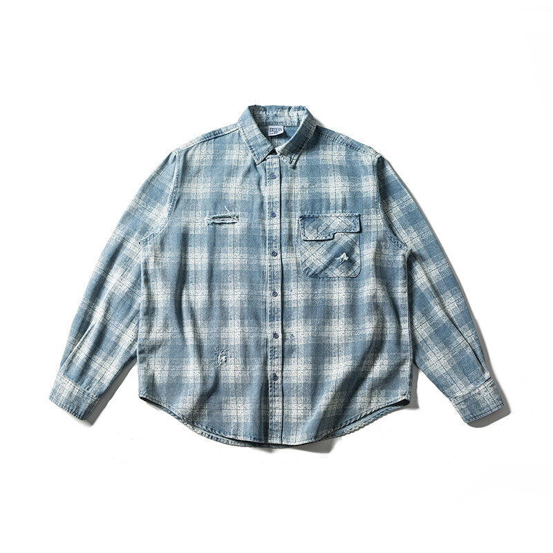 Men's Loose Check Shirt in Vintage Denim Look with Patch Chest Pocket and Used Details Mune Fashion
