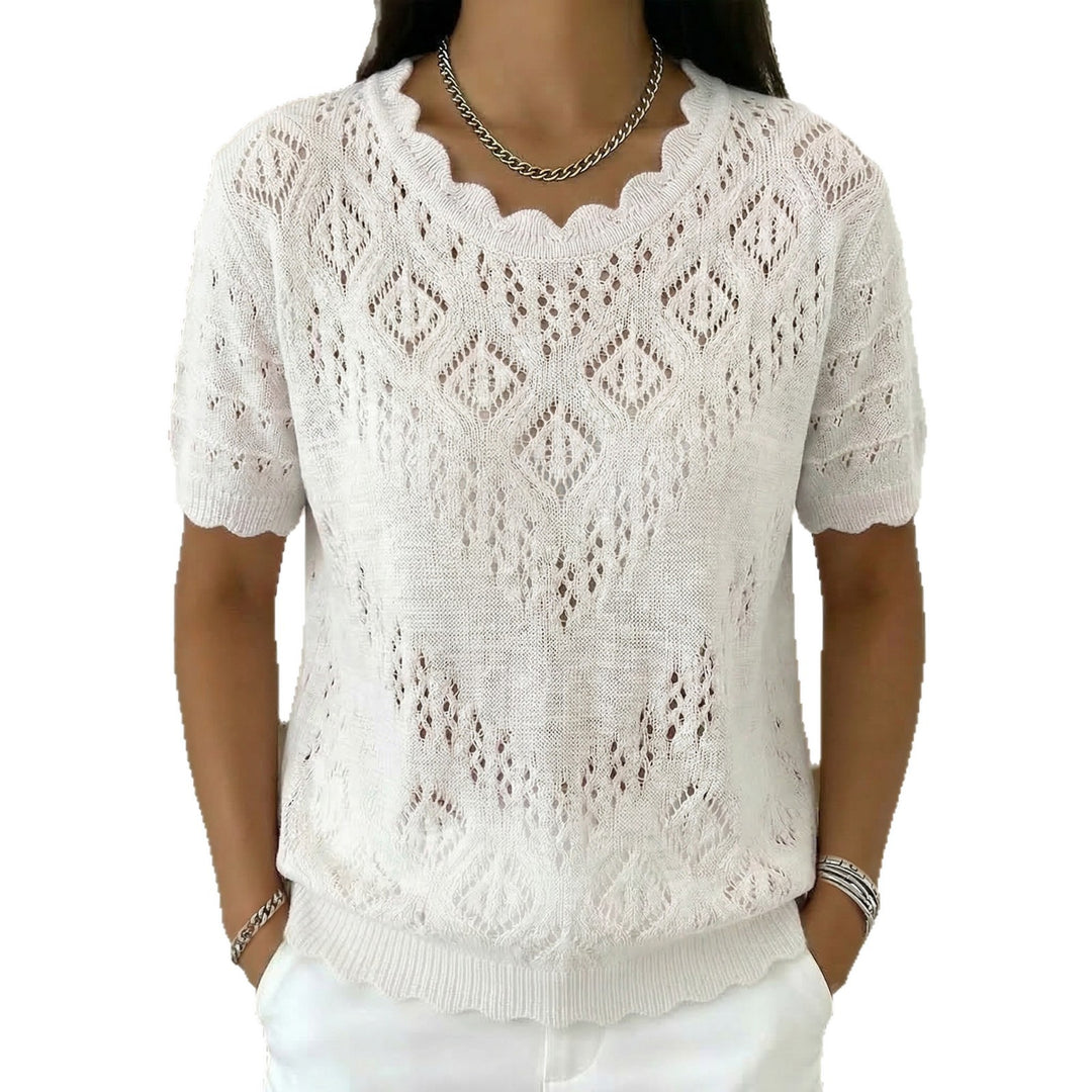 Women's short-sleeved lace knit sweater with openwork pattern and curved neckline Mune Fashion