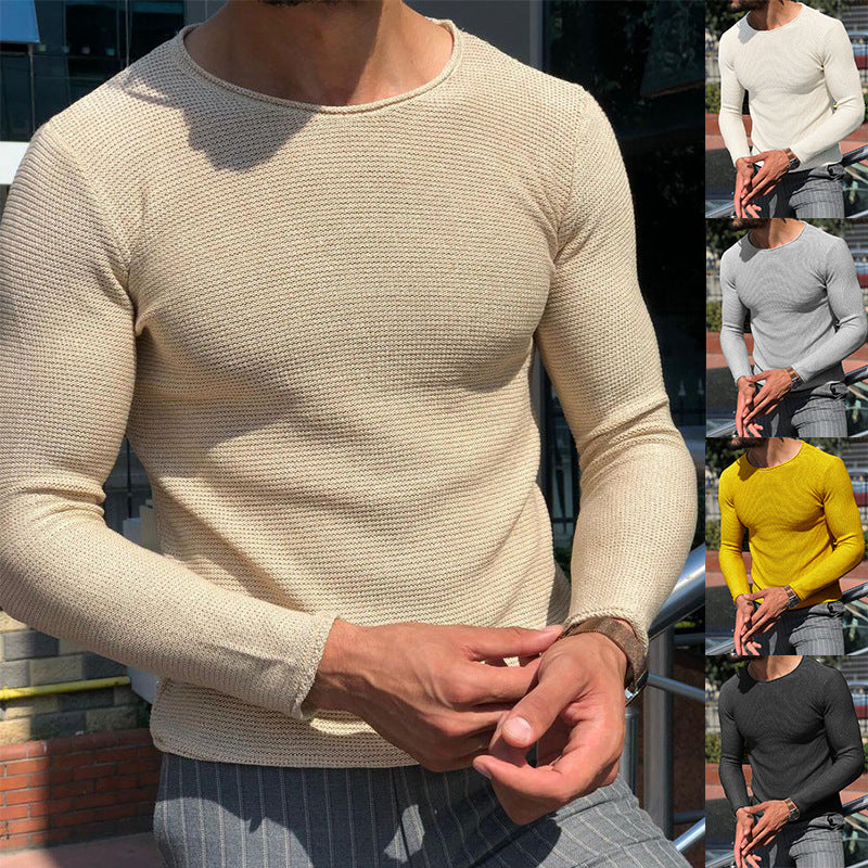 Men's Slim Fit Structured Knit Long Sleeve Sweater with Round Neck Mune Fashion