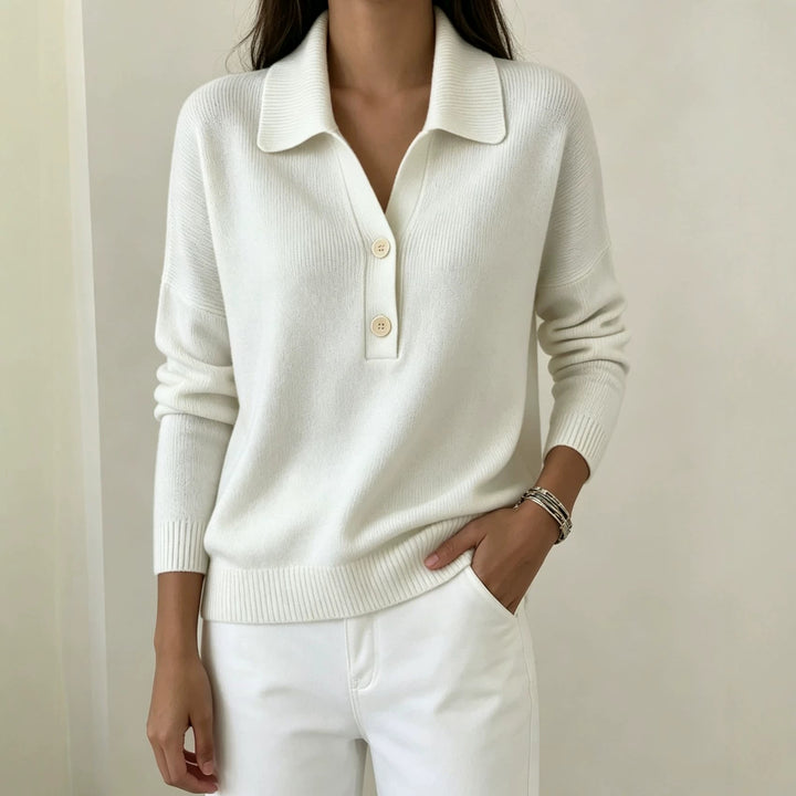Women Polo Collar Sweater with Half Button Placket and Ribbed Hem Mune Fashion