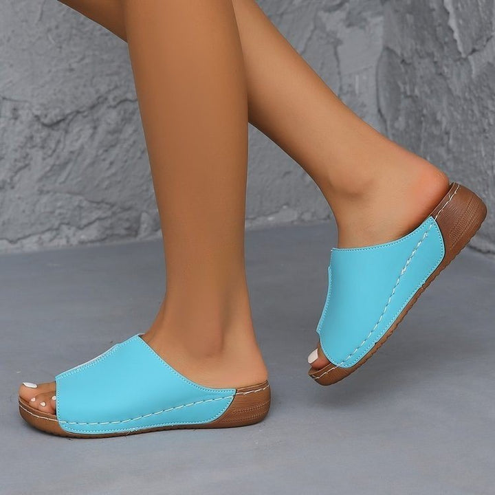 Damen Offene Komfort‑Mules mit gepolstertem Fußbett und Korkoptik‑Plateau Mune Fashion