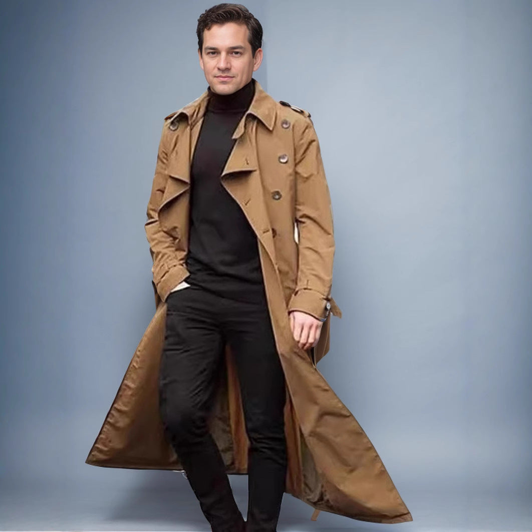Men's Water-Repellent Long Trench Coat with Double Button Placket, Shoulder Epaulettes, and Adjustable Waist Belt Mune Fashion