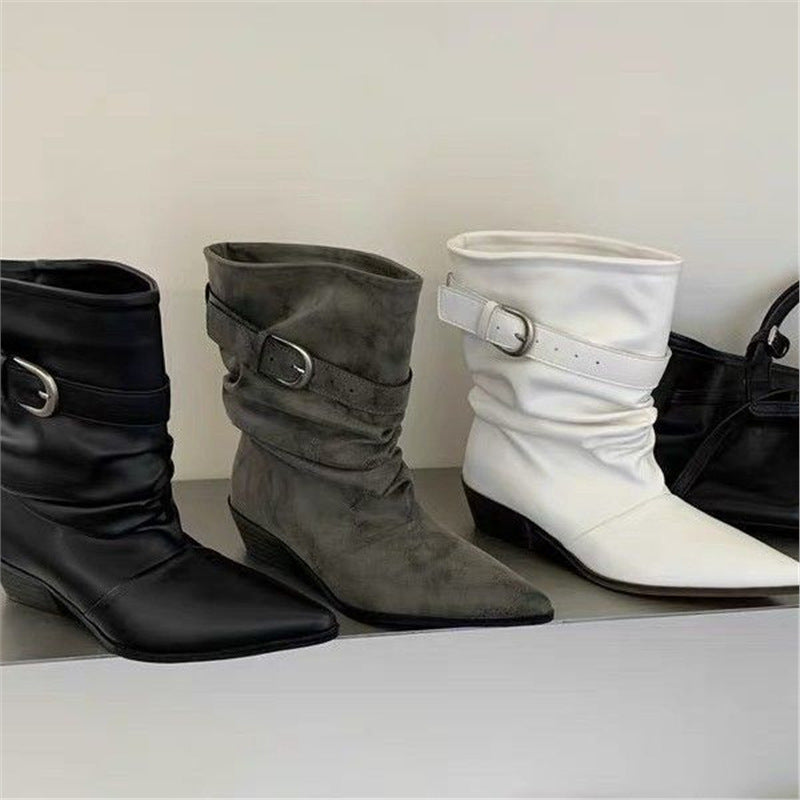 Women’s Mid-Calf Slouch Western Boots with Pointed Toe, Gathered Shaft and Decorative Buckle Mune Fashion