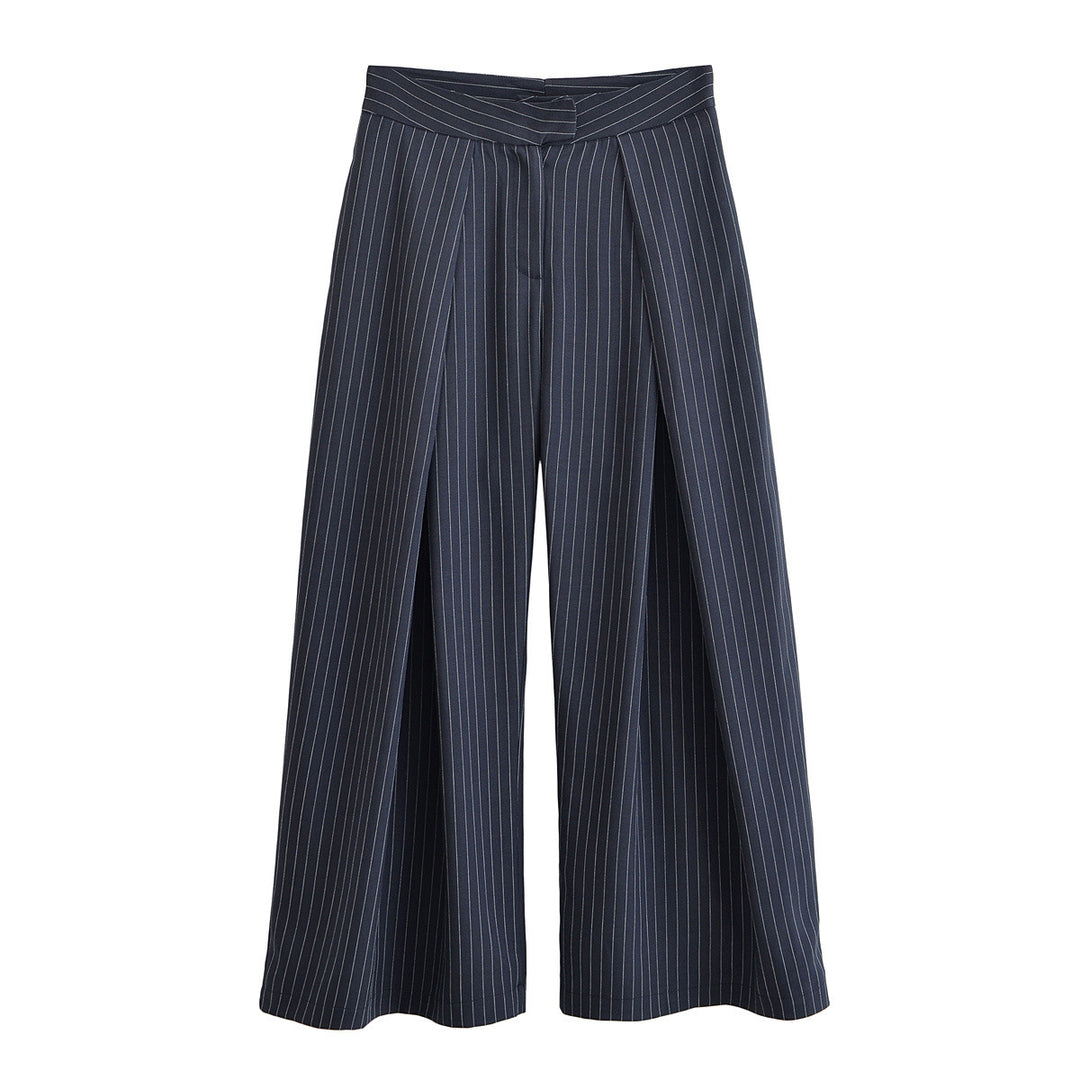 Women's palazzo pants with pinstripes, front segmented pleats, and high waistband Mune Fashion