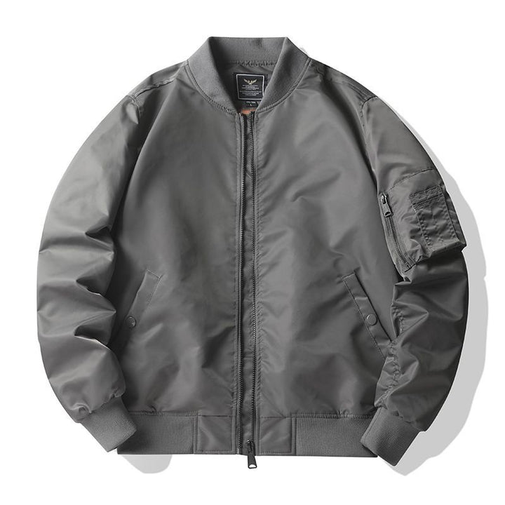 Men's  matte nylon flight bomber jacket with sleeve utility pocket and ribbed trims Mune Fashion