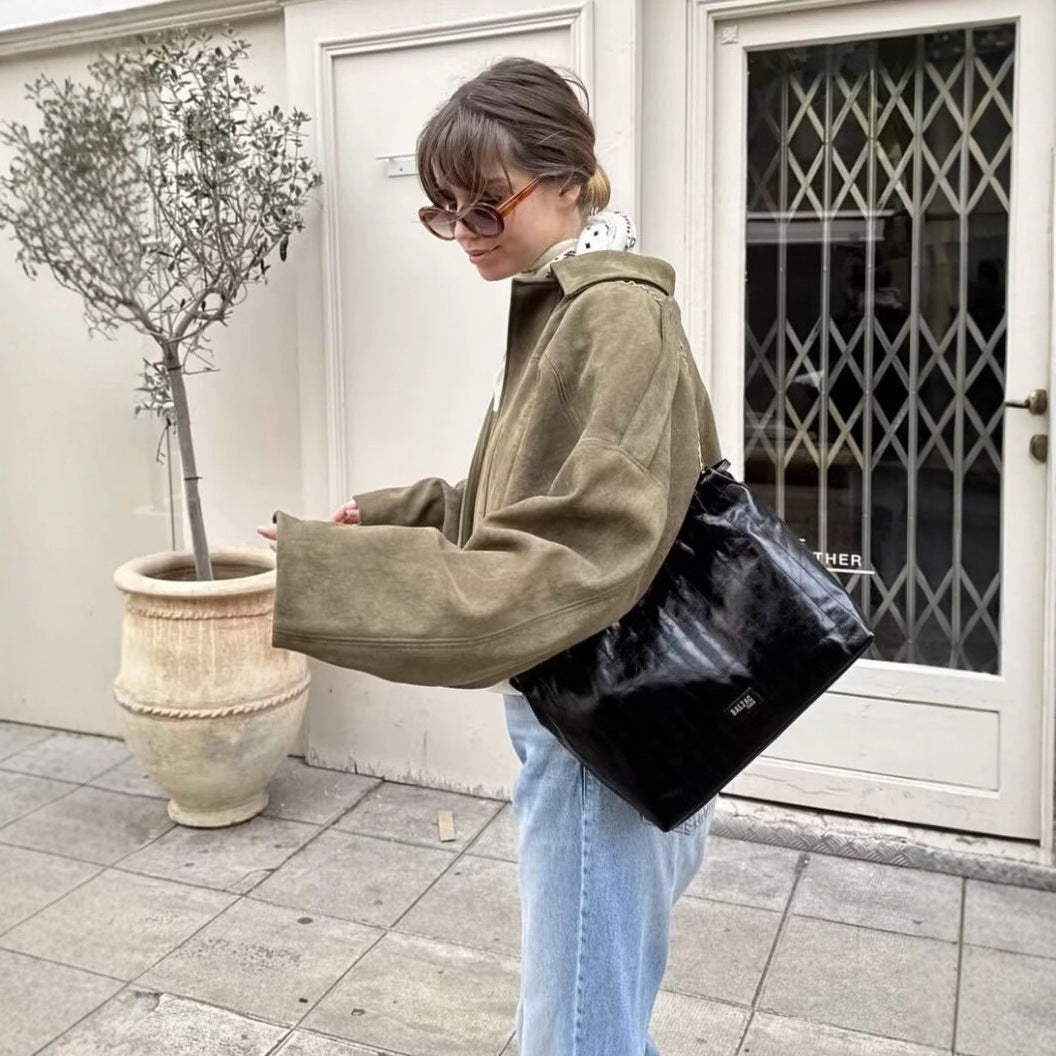 Women's Short Boxy Jacket in Oversized Suede Look with Balloon Hem Mune Fashion