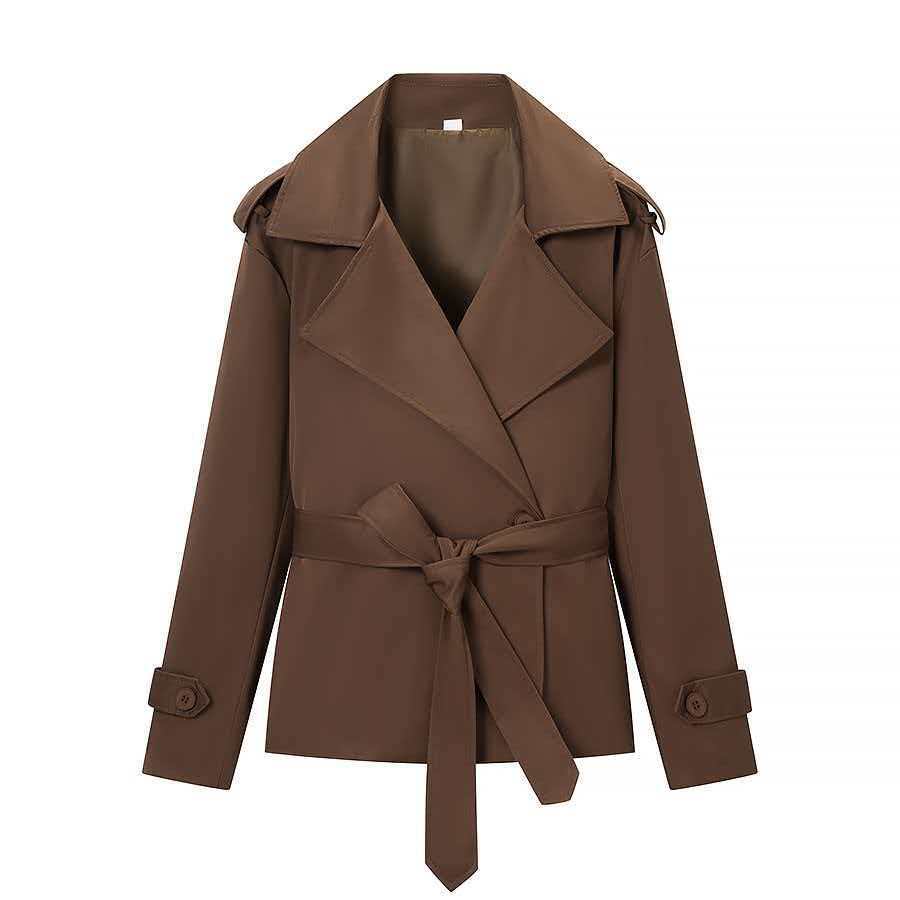 Women's short trench coat jacket with waist belt, wide lapels, and decorative shoulder epaulettes Mune Fashion