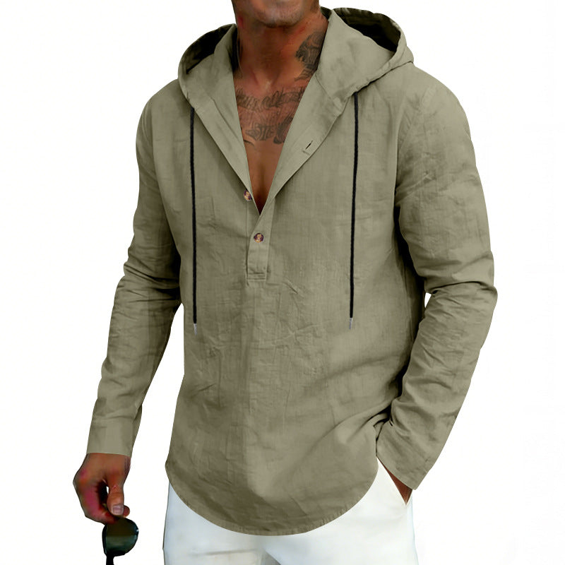 Men's Linen Henley Hooded Shirt with Short Button Placket, Hood, and Relaxed Fit Mune Fashion