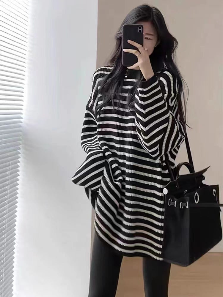 Women Oversize Knit Long Pullover with Horizontal Stripe Structure Mune Fashion