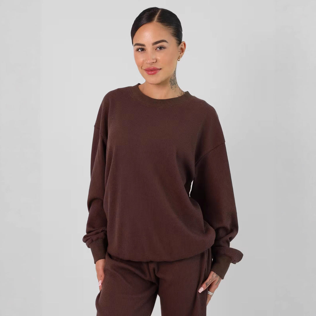 Ladies spacious waffle knit loungewear set with round neck and drawstring pants Mune Fashion