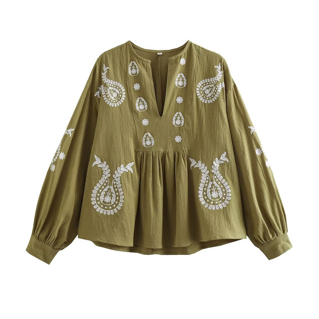 Women embroidered cotton tunic with a wide fall, paisley patterns, and balloon sleeves Mune Fashion