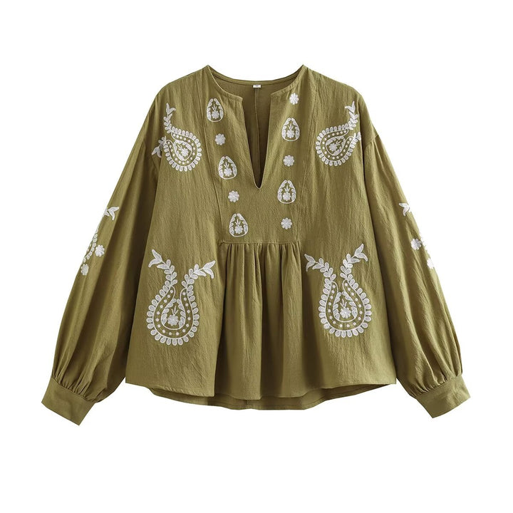 Women embroidered cotton tunic with a wide fall, paisley patterns, and balloon sleeves Mune Fashion