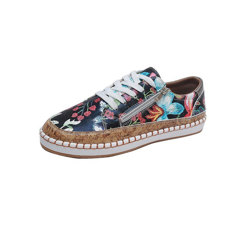 Women's floral platform sneaker with cork platform, side zipper and cushioned comfort insole Mune Fashion