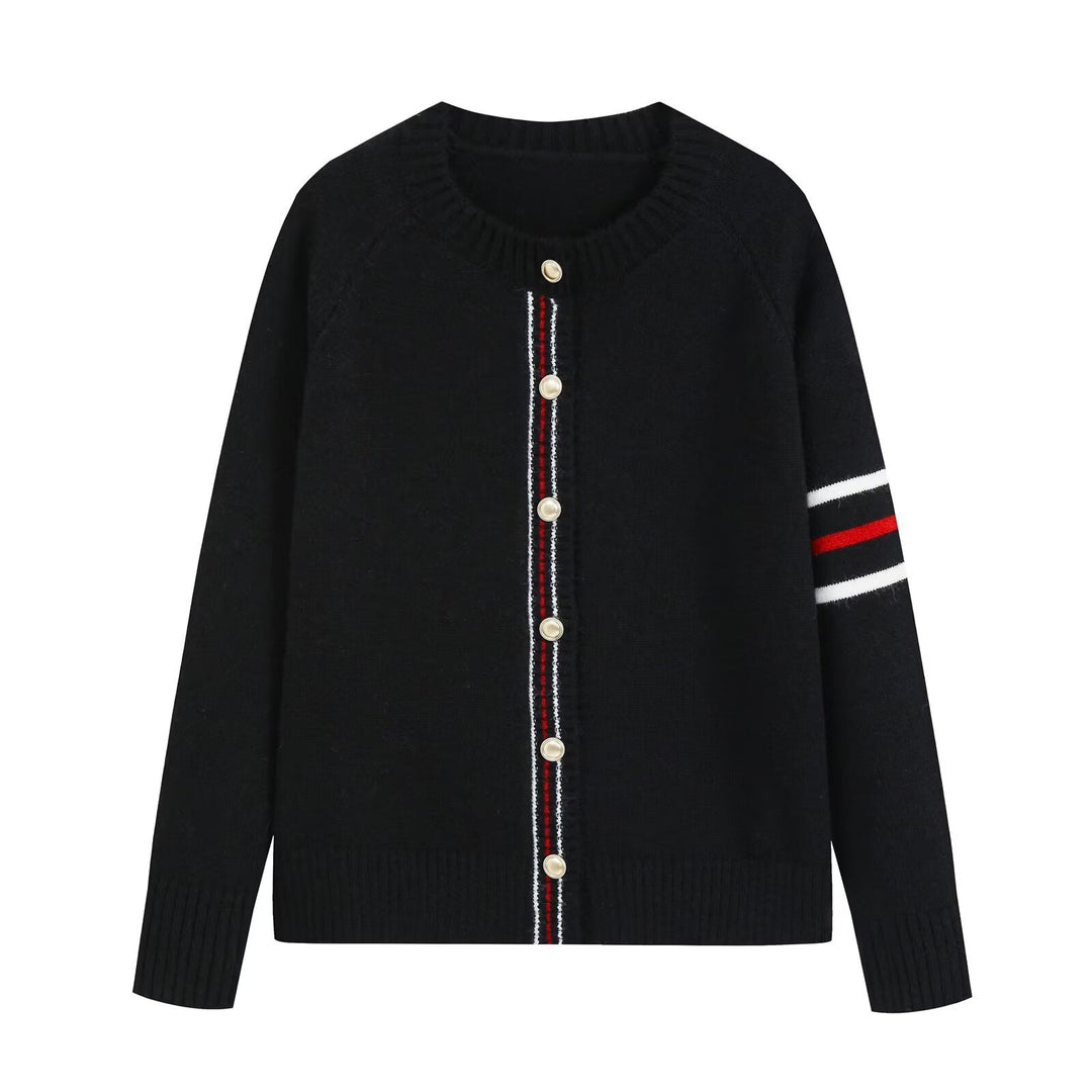 Women's fine knit cardigan with contrast stripes and golden decorative buttons Drune