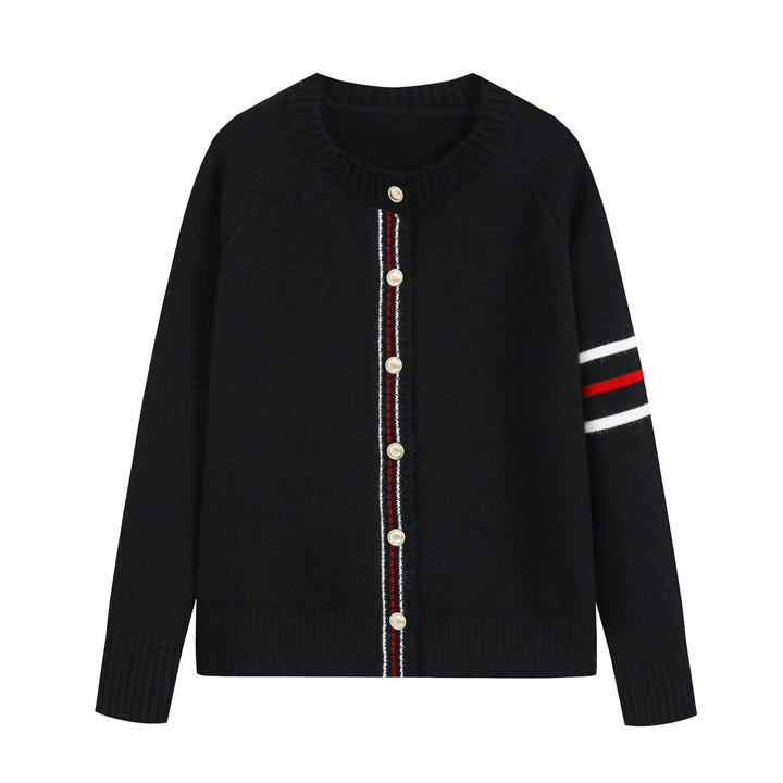 Women's fine knit cardigan with contrast stripes and golden decorative buttons Drune