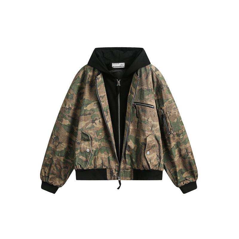 Men's short-cut oversized bomber in layer look with integrated hood and camouflage jacquard fabric