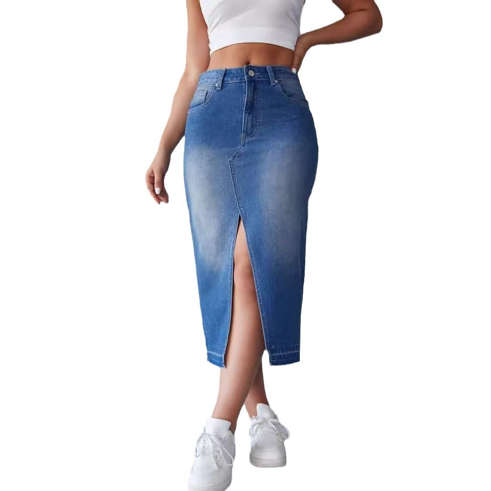 Ladies nan figure-hugging high-waist denim pencil skirt with front thigh slit and raw hem Mune Fashion