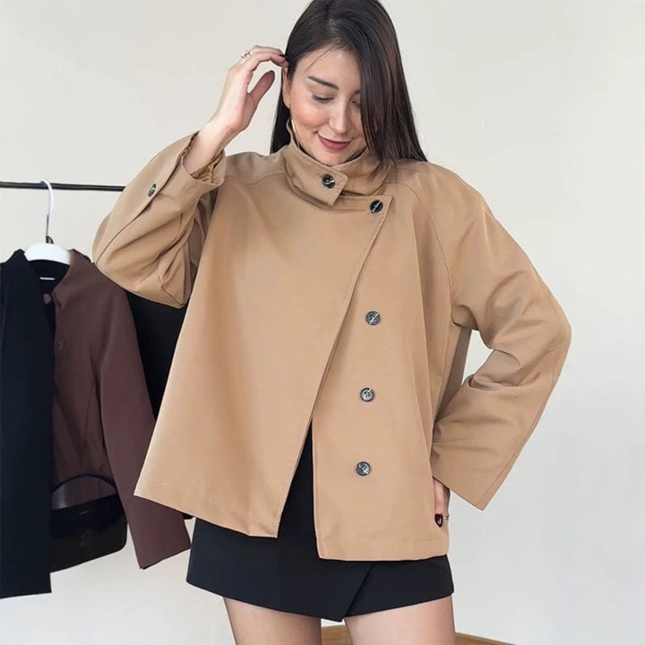 Women's short A-line coat jacket with stand-up collar and asymmetrical button placket Mune Fashion