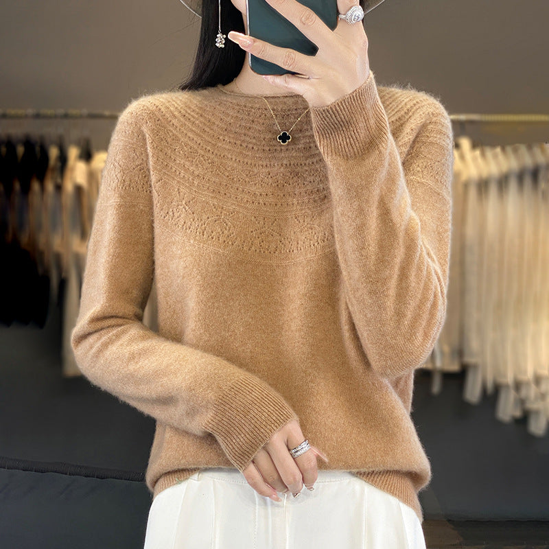 Ladies Soft Ajour-Yoke Round Neck Sweater in Cashmere-Look Fine Knit Mune Fashion