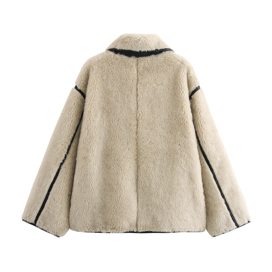 Women Short Cut Faux Fur Field Coat with Oversized Shawl Collar and Contrasting Piping Mune Fashion