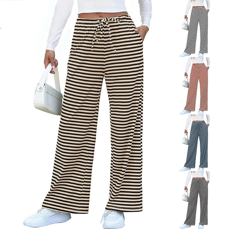 Ladies wide striped pants with elastic waistband and drawstring Mune Fashion