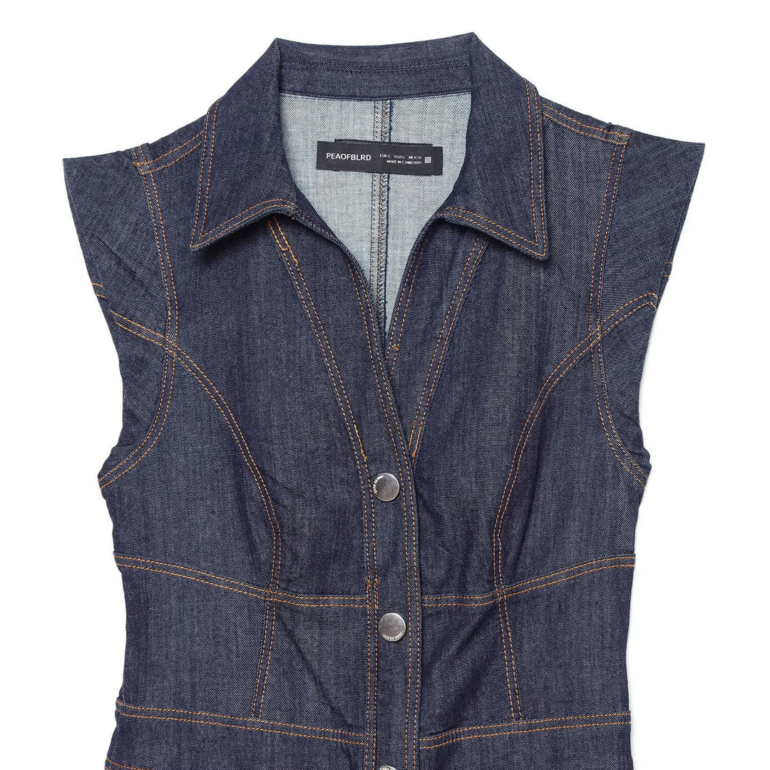 Women's Sleeveless Denim Maxi Dress with Shirt Collar, Tailored Silhouette and Continuous Snap Button Placket Mune Fashion