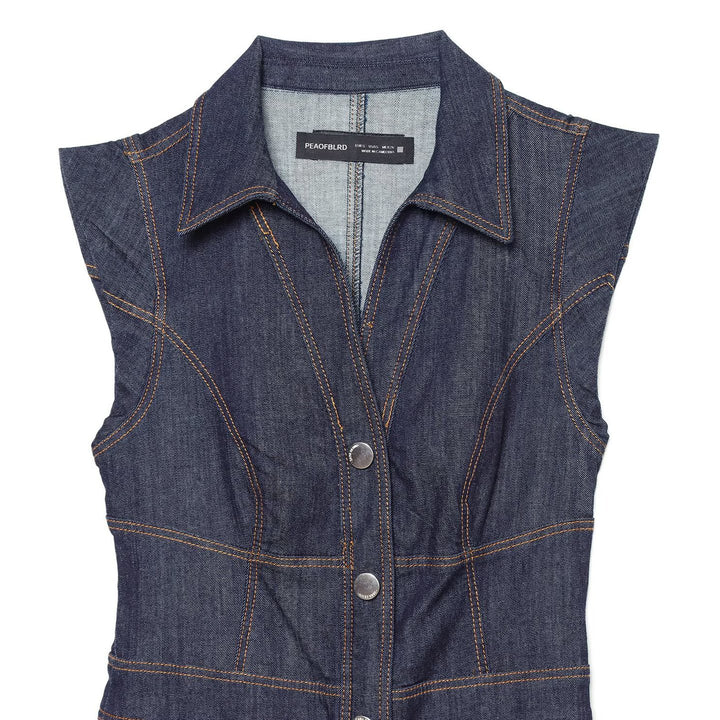 Women's Sleeveless Denim Maxi Dress with Shirt Collar, Tailored Silhouette and Continuous Snap Button Placket Mune Fashion