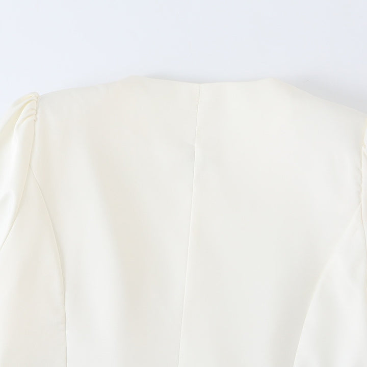 Women's Tailored Short Blazer with Puff Sleeves and Covered Buttons Mune Fashion