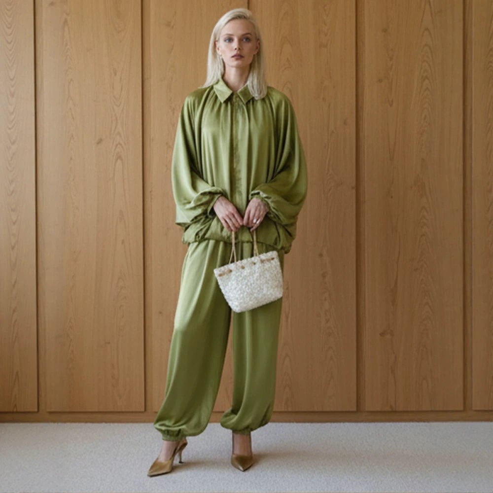 Women Elegant Satin Two-Piece Set with Oversize Blouse and Wide Palazzo Pants Mune Fashion