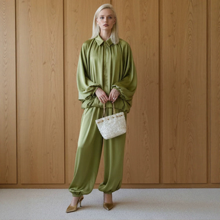 Women Elegant Satin Two-Piece Set with Oversize Blouse and Wide Palazzo Pants Mune Fashion