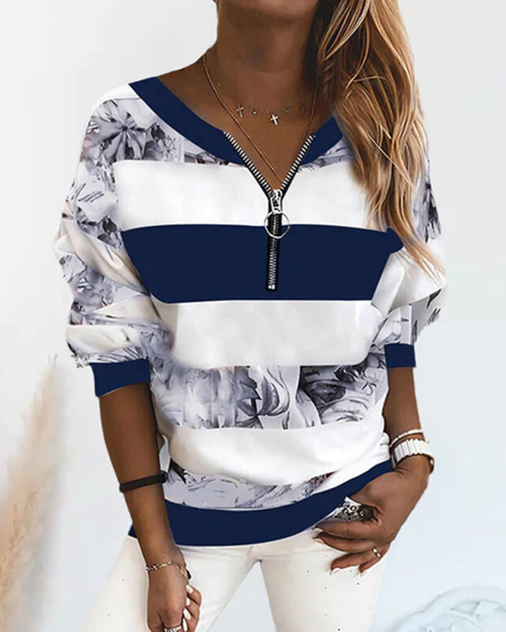 Women's slightly oversized sweatshirt with ring zipper, block stripes and floral insert Mune Fashion