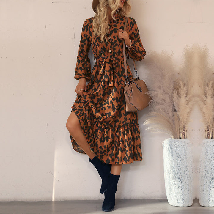 Women’s midi dress with animal print, button placket, waist belt and tiered skirt Mune Fashion