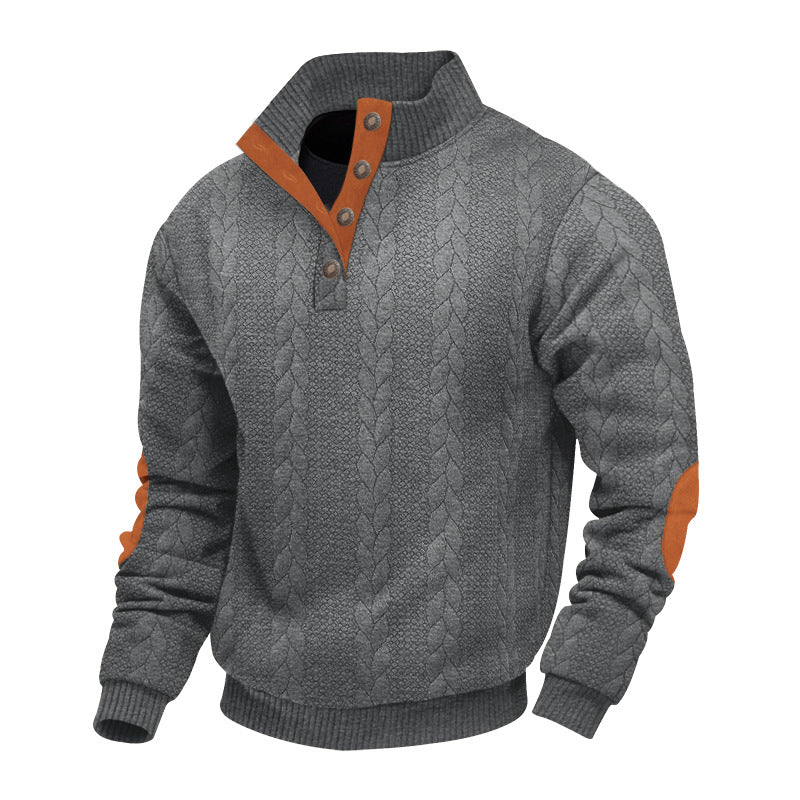 Men's structured cable knit Henley sweater with stand-up collar and elbow patches Mune Fashion