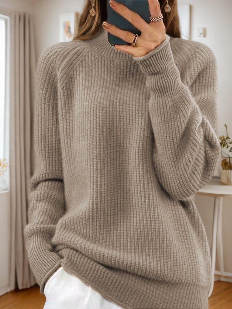 Women's cozy knitted sweater with stand-up collar and ribbed structure Mune Fashion