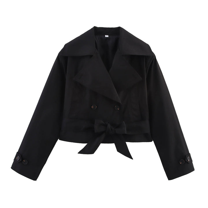 Women Cropped Trench Coat with Wide Lapels, Waist Belt and Double Button Row Mune Fashion