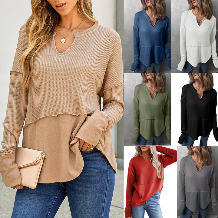 Women Oversized Sweater with Waffle Structure, V-Notch and Dropped Shoulder Mune Fashion
