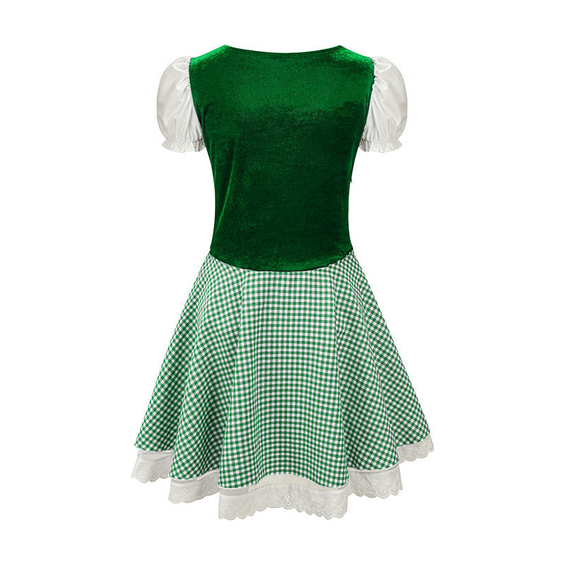 Women’s mini dirndl inspired by Bavarian style with laced bodice, puff sleeves, and checkered skirt Mune Fashion