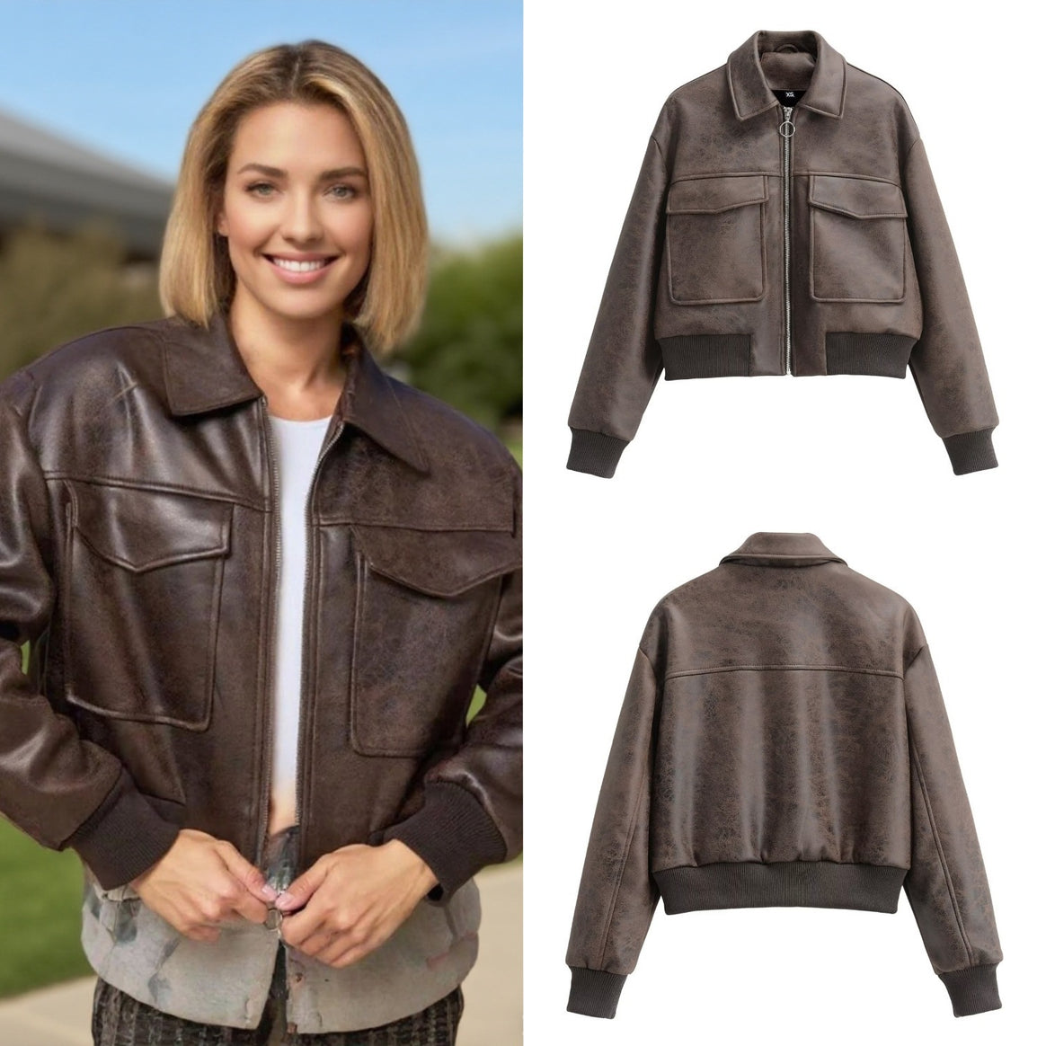 Women's Cropped Suede-Look Bomber Jacket with Large Flap Pockets and Ribbed Hem Mune Fashion