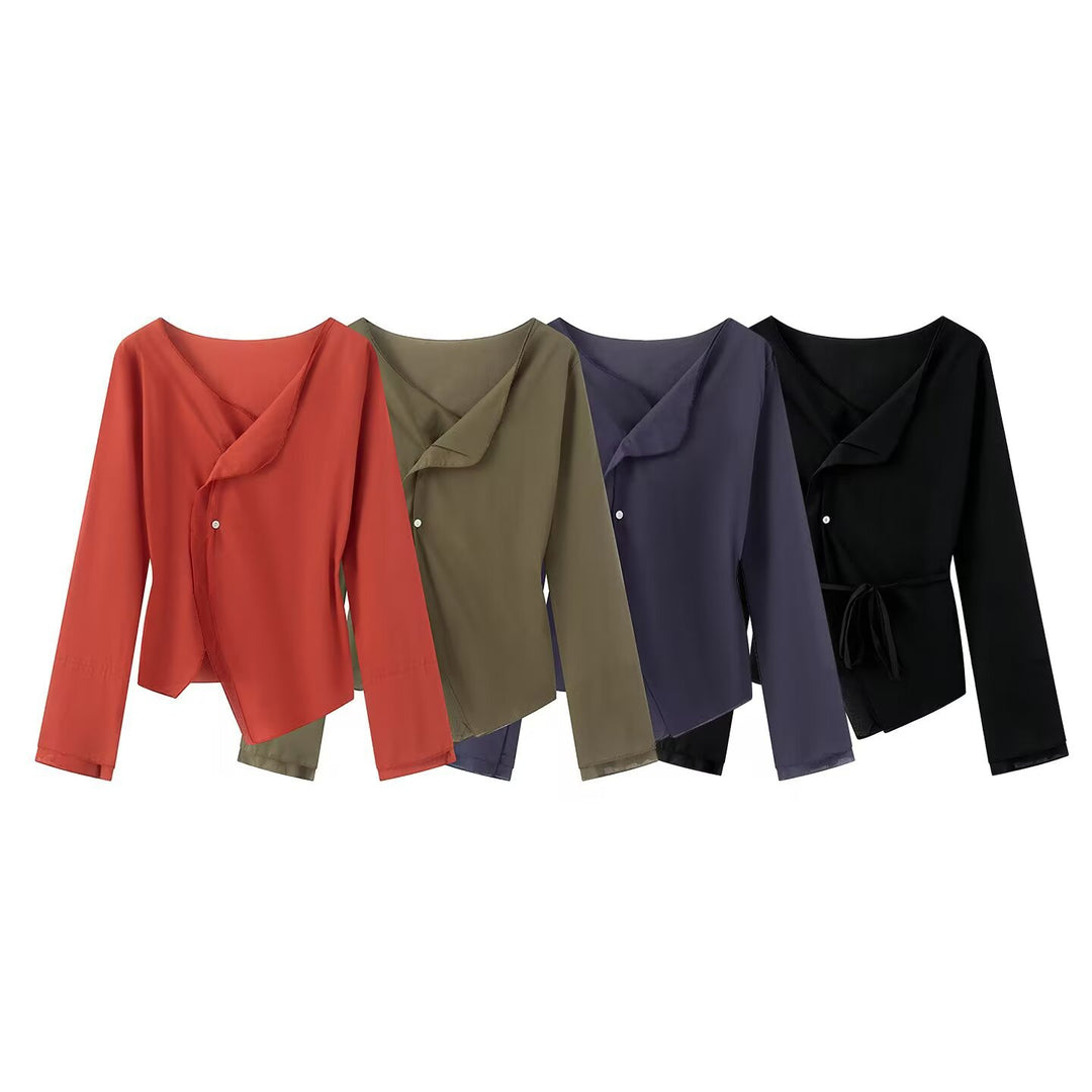 Women's wrap blouse with asymmetrical front, V-neck and tie belt Mune Fashion