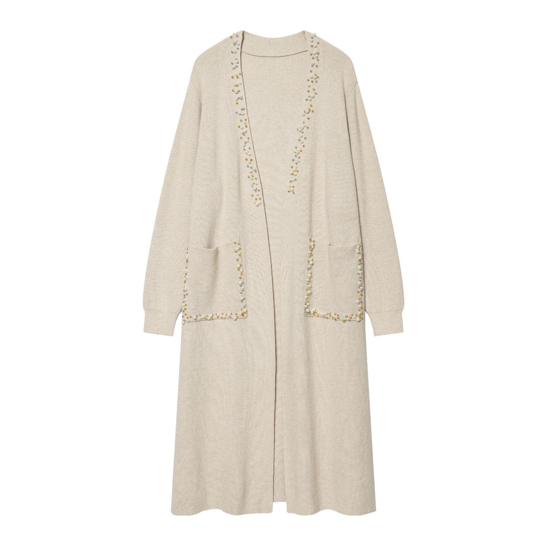 Women's long knit cardigan with bead embellishment and patch pockets Mune Fashion
