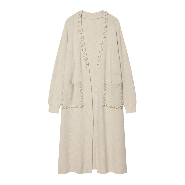Women's long knit cardigan with bead embellishment and patch pockets Mune Fashion