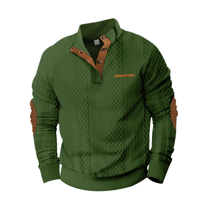 Men's Structured Cable Knit Sweatshirt with Half Button Placket, Faux Leather Patch Pocket & Elbow Patches Mune Fashion