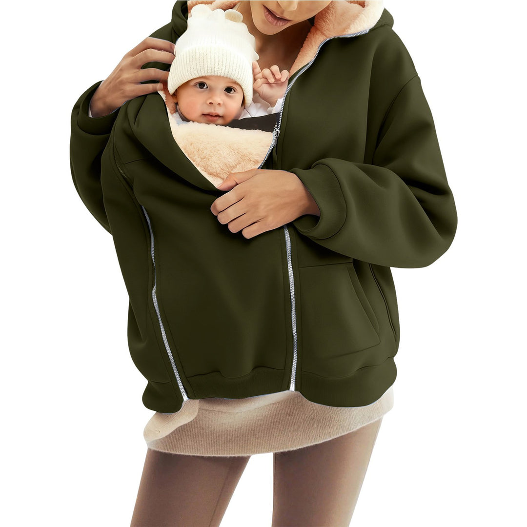 Women nan baby carrier hoodie with teddy lining and two-way zipper Mune Fashion