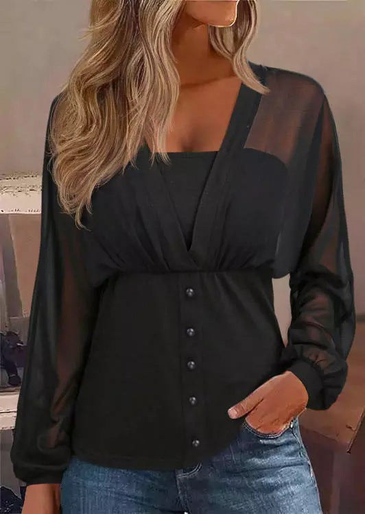 Women's transparent chiffon blouse top with button placket and tailored fit Mune Fashion