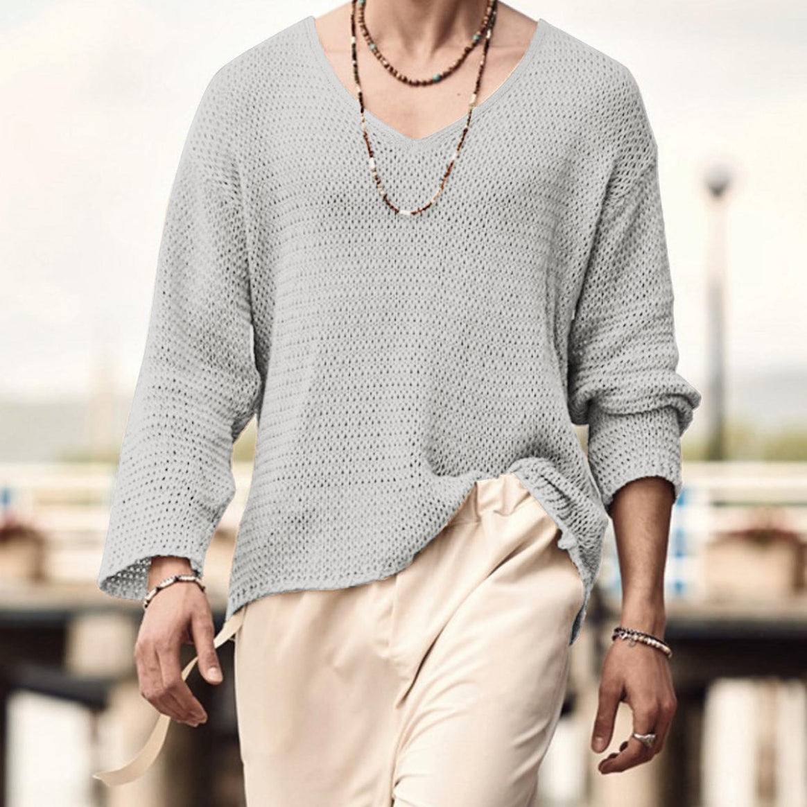 Men's structured waffle knit long sleeve shirt with V-neck and warming thermoeffect Mune Fashion