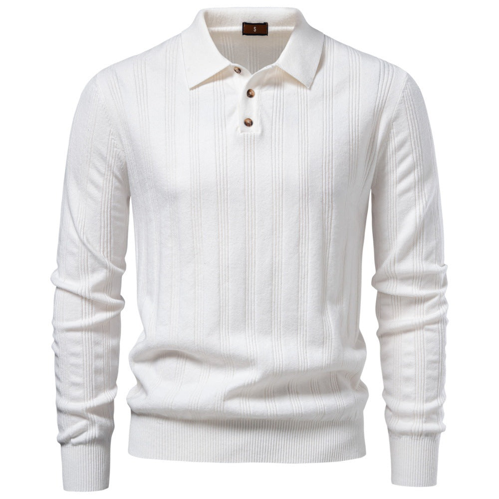 Men's Long Sleeve Fine Knit Polo Shirt with Textured Stripes and Ribbed Hem Mune Fashion